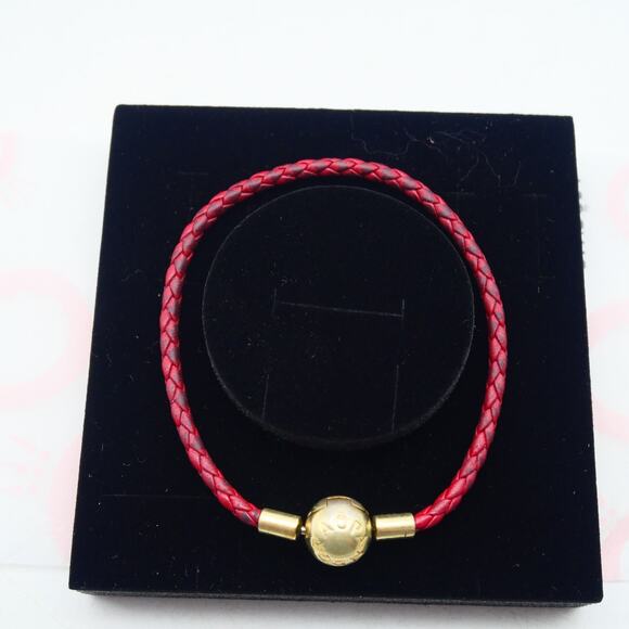 Pandora Moments Red Woven Leather Bracelet Gold Clasp 7.5 inches Long - Picture 5 of 7